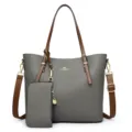 Grey soft leather tote bag set with brown shoulder straps and matching pouch for women. - Gray