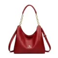 Red leather shoulder bag tote hobo handbag with gold chain strap for women daily fashion - Burgundy