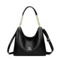 Black hobo shoulder bag with luxury gold chain strap, stylish PU leather casual handbag for women. - Black