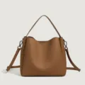 Brown soft leather bucket bag for women, stylish versatile shoulder crossbody handbag. - Tan