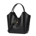 Black pebbled leather bucket bag with top handles, chic winged design and gold hardware. - Black