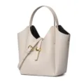 Genuine leather bucket bag for women, stylish litchi pattern shoulder crossbody handbag. - Off White