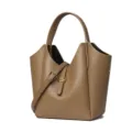 Women genuine leather bucket bag shoulder crossbody handbag with litchi grain cowhide - Khaki
