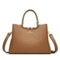 Brown leather women handbag stylish commuter shoulder bag with top handles and golden hardware - Khaki