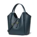 Women's Genuine Leather Bucket Bag Litchi Pattern Stylish Shoulder Crossbody Handbag - Lake Blue