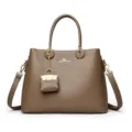 Brown PU leather women handbag versatile shoulder tote bag with gold hardware and charm - Khaki