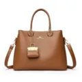 Brown leather women handbag stylish tote bag with shoulder strap and mini charm design - Yellow Brown