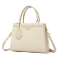 Stylish beige canvas and PU leather shoulder bag with top handles and adjustable strap. - Off-White