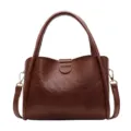 Brown PU leather handbag for women, soft slouchy shoulder bag with top handle and strap. - Brown - PU