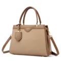 Elegant women's shoulder crossbody handbag with contrast fabric and brown leather trim. - Khaki Milano