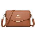 Brown leather crossbody shoulder bag casual women handbag with stylish metal hardware and flap. - Yellow Brown