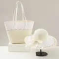 Details des Sommer Strohhut und Shopper Taschen Sets in Creme Weiss für den Strandurlaub. - Creme