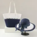 Sommer Strohgewebe Handtasche und Sonnenhut Set für Damen, marineblau weiß Strandstil. - Hut-Set / Marineblau