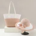 Damen Strohgewebe Tasche und Sonnenhut Zweiteiler Set, Sommer Strand Urlaub Hut und Shopper. - Hut-Set / Rosa
