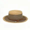 Detailed view of a striped flat top straw hat with brown leather strap for summer beach. - Hat Only / Khaki Black Striped