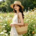Detailed view of fashionable summer straw tote bag and flat top hat set in a floral field. - Bag And Hat Set / Khaki Beige Stripe