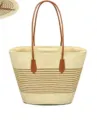 Zomer stro shopper tas en plat hoed set, stijlvolle geweven strand handtas voor vrouwen. - Enkele Tas / Beige Khaki Gestreepte