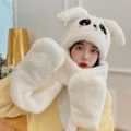 White plush animal ear hat scarf gloves set, cute winter warm integrated three-piece accessory. - Moving Ears (Adult Style) / Off White