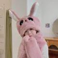 Cute plush rabbit ear hat scarf gloves three-piece set, thick warm winter wear for kids. - Moving Ears (Kids Style) / Dusty Pink