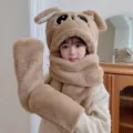 Cute brown plush animal ear hat scarf gloves three-in-one winter warm set for kids cozy wear. - Moving Ears (Kids Style) / Khaki