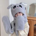 Grey plush animal ear hat scarf and gloves set, cute winter warm three-piece clothing. - Moving Ears (Kids Style) / Gray