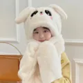 Cute plush animal ear hat and scarf set for kids, thick warm winter accessory for little girls. - Moving Ears (Kids Style) / Off White