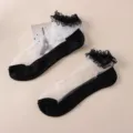 Black and white lace crystal silk short socks, breathable sheer mesh ankle socks. - One Size / Black With White Lace