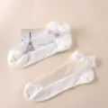 White sheer crystal silk short socks with cotton sole and delicate lace ruffle cuffs for women. - One Size / White