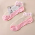 Pink sheer crystal silk short socks for women with cute lace frill cuffs and breathable design. - One Size / Pink