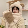 Cute bear ear plush hat scarf gloves three-piece set winter warm thick women set. - Color Block (Adult Style) / Apricot