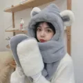 Grey cute bear ear plush hat scarf and gloves warm three-piece winter set style variant item. - Color Block (Adult Style) / Gray