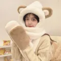Cute bear ear plush hat scarf gloves set, warm thick winter fleece three-piece apparel. - Color Block (Adult Style) / Off White