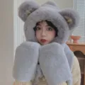 Grey cute bear ear plush hat scarf gloves three-in-one, winter warm cozy fluffy apparel set. - M-Ear (Adult Style) / Gray