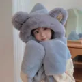 Cute grey plush bear ear hat scarf gloves set for kids, thick warm winter three piece set - M-Ear (Kids Style) / Gray