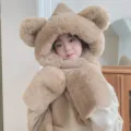 Cute plush bear ear hat scarf and gloves set, thick warm winter kids fuzzy set khaki - M-Ear (Kids Style) / Khaki
