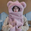 Cute plush bear ear hat scarf and gloves set for winter warm thick pink fuzzy hoodie - M-Ear (Adult Style) / Dusty Pink