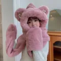 Cute pink bear ear plush hat scarf and gloves 3-in-1 set for winter warm thick cozy style. - M-Ear (Kids Style) / Dusty Pink