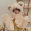 Cute plush bear ear hat scarf and gloves 3-in-1 set, thick warm winter cozy fleece accessories. - M-Ear (Kids Style) / Apricot