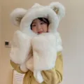 Cute winter plush bear ear hat scarf gloves set, thick warm three-in-one white accessory. - M-Ear (Kids Style) / Off White
