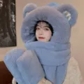 Cute bear ear plush hat scarf gloves three-piece set winter warm thickened blue gray fashion woman - M-Ear (Adult Style) / Blue