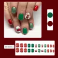 Christmas press-on nail tips detail view featuring cute reindeer and glitter red green. - Glitter Red Green Elk Christmas Style (BKS3661) / 24 Pcs/Set