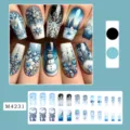Blue snowflake Christmas press-on nails medium fake nail set with cute snowman and rhinestones - Blue Snowflake Christmas Style (M4231) / 24 Pcs/Set