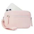 Close-up detail of the pink quilted mini wrist bag showing front zipper pocket and strap. - Pink