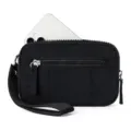 Black quilted mini wristlet bag detail, featuring durable zippers and a handy wrist strap. - Black