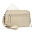Details der beigen gesteppten Damen Handgelenktasche, Mini Geldbörse mit vielen Fächern. - Khaki