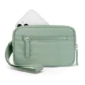 Sage green quilted nylon wrist pouch, mini multi-pocket coin purse for outdoor portable use. - Green