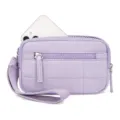 Detailed view of the purple quilted wristlet pouch featuring front zipper pocket and strap. - Purple