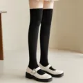 Femmes chaussettes hautes noires cuissardes JK uniforme bas jambes minces mode chic - Taille unique / Au-dessus du Genou Noir