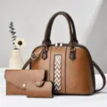 Set di borsa a mano marrone rétro da donna con dettaglio geometrico, spazioso per uso quotidiano. - Kaki