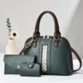 Set borsa a mano verde scuro da donna con portafoglio, borsa tote vintage in pelle PU con cinturino. - Verde